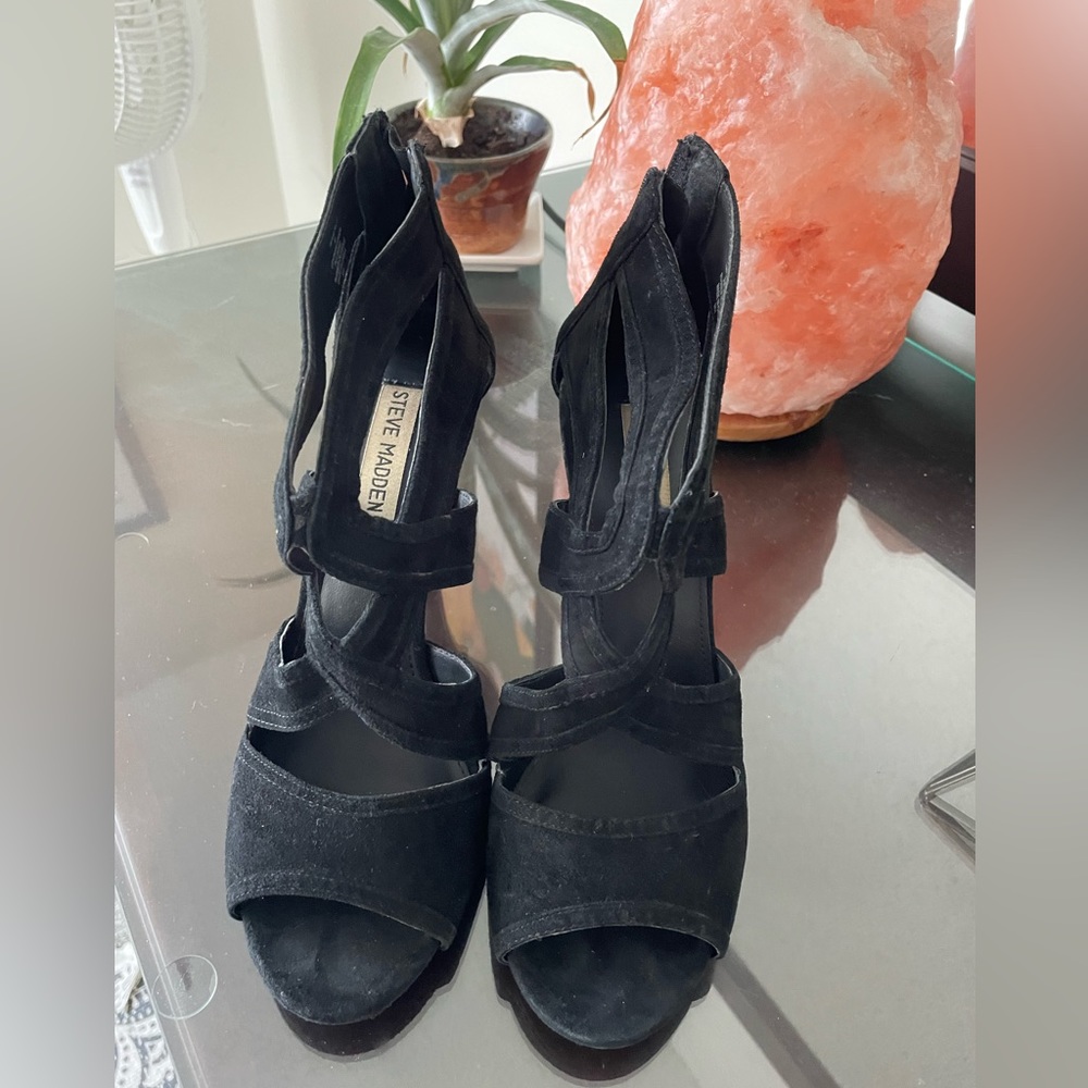 Jessica Simpson. Black velvet open toe 4" heels.